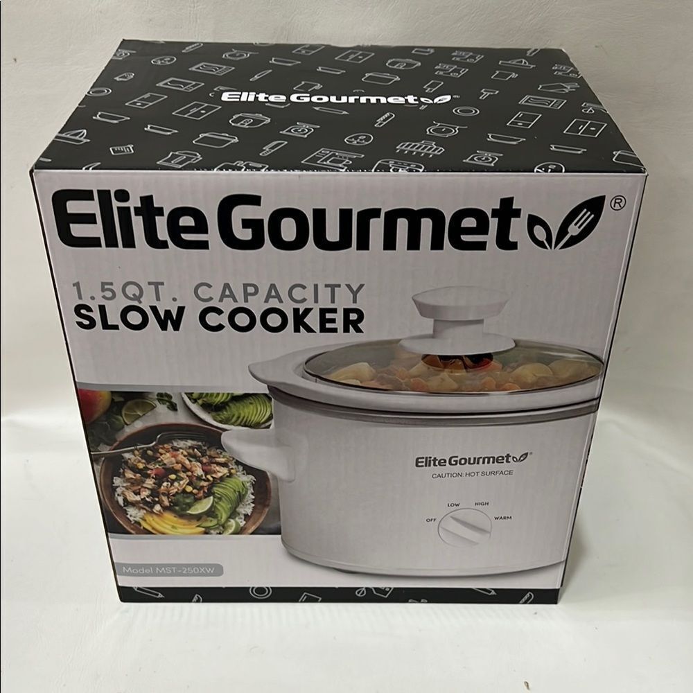 Elite Gourmet White Slow Cooker 1.5 Quart Temperature Controller Tempered Glass